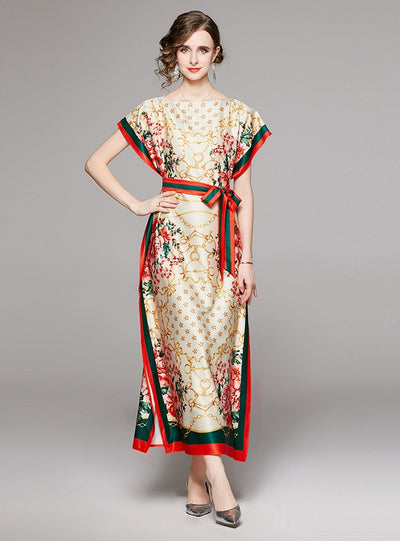 Printed Loose Lace-up Dress with Belt