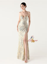 Mermaid Sequins Strapless Beading Split Prom Dress