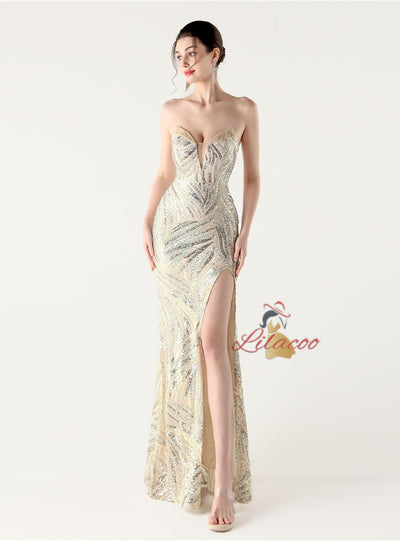 Mermaid Sequins Strapless Beading Split Prom Dress