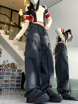 Retro Loose Straight Raw Edges Jeans