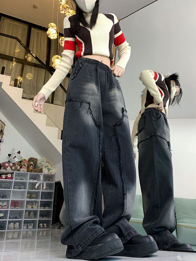 Retro Loose Straight Raw Edges Jeans