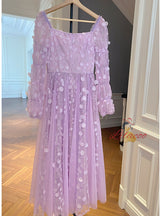 Purple Tulle Long Sleeve Prom Dress