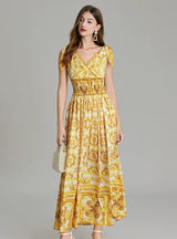 Retro V-neck Printed Slim Dress