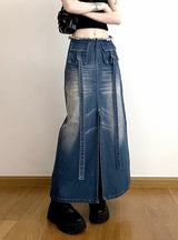 High Waist Split Pocket Denim Skirt