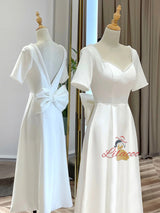 White Satin Short Sleeve Backless Wedding Dress