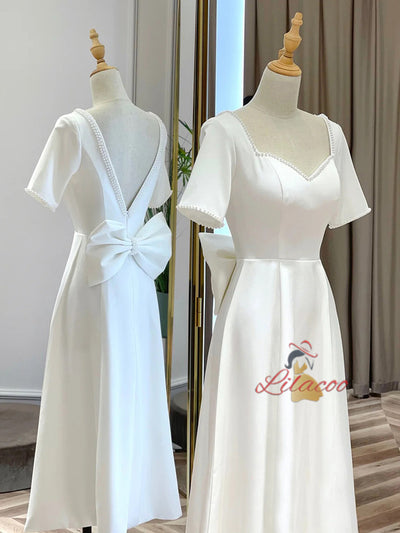 White Satin Short Sleeve Backless Wedding Dress