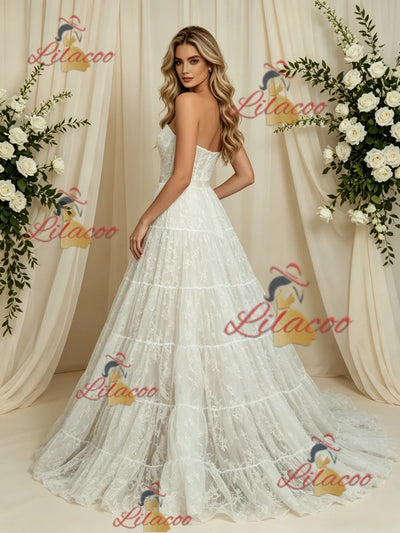 White Lace Strapless Wedding Dress