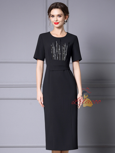Black Short Sleeve Beading Mother of the Bride Dress