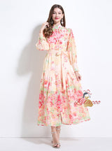 Printed Long Sleeve Chiffon Dress