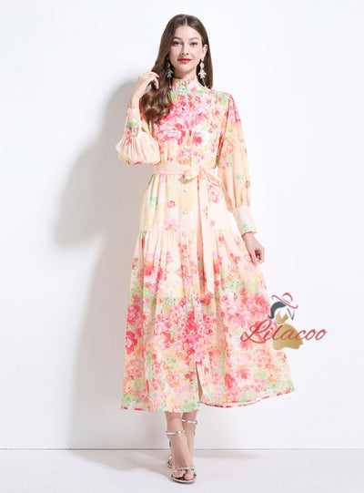 Printed Long Sleeve Chiffon Dress