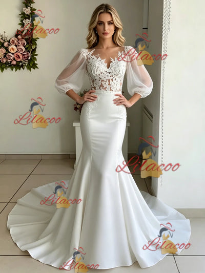 White Mermaid Puff Sleeve Lace Wedding Dress