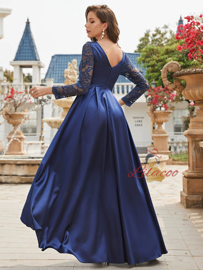 Navy Blue Satin Long Sleeve Prom Dress