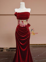Burgundy Mermaid Velvet Pleats Prom Dress