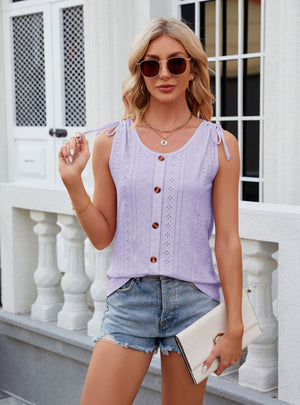 Solid Color Round Neck Button Drawstring T-Shirt