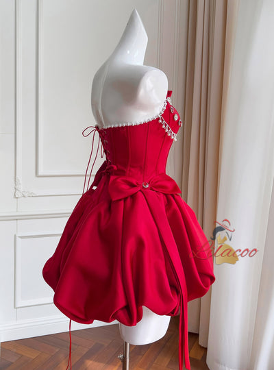 Red Satin Strapless Beading Prom Dress