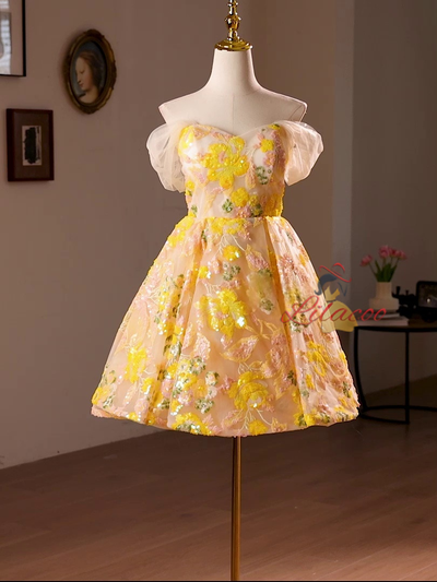 Yellow Tulle Sequins Homecoming Dress