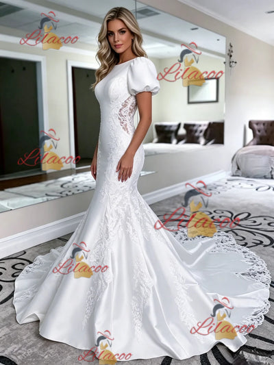 White Mermaid Satin Puff Sleeve Wedding Dress