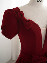 Burgundy Velvet Short Sleeve Bow Prom Dress