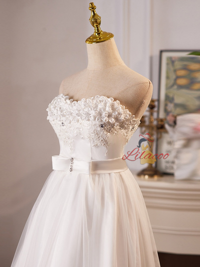 White Tulle Hi Lo Strapless Flower Wedding Dress