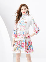 Retro Painted Lantern Sleeve Wavy Printed Dress