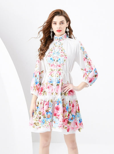 Retro Painted Lantern Sleeve Wavy Printed Dress
