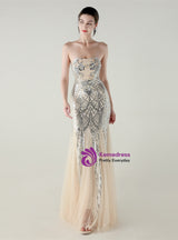 Mermaid Tulle Sequins Strapless Beading Prom Dress