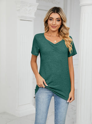 Thin V-neck Pleated Casual T-shirt