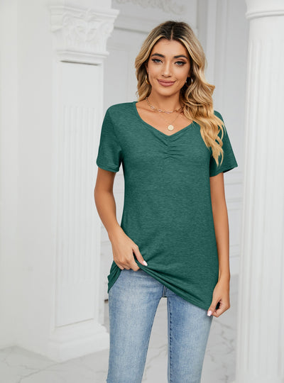 Thin V-neck Pleated Casual T-shirt