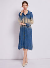 Retro Denim Print Long Sleeve Pleated Dress