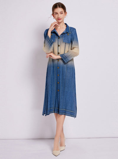 Retro Denim Print Long Sleeve Pleated Dress