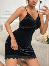 Deep V Velvet Lace Suspender Nightdress Pajamas