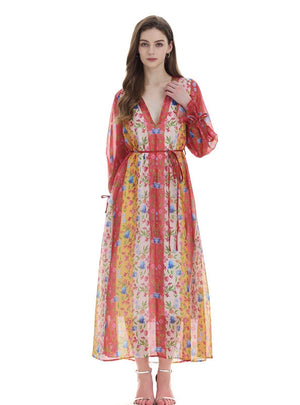 Sexy V-neck Printed Long Sleeve Dress