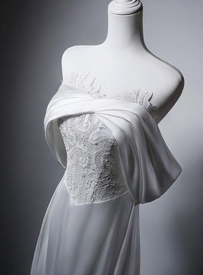 Simple White Satin Lace Strapless Wedding Dress