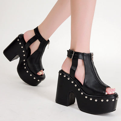 Waterproof Platform Retro Rivet High-heeled Sandals