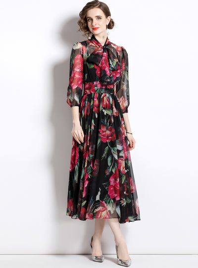 Printed Bow Swing Cropped Sleeve Dress