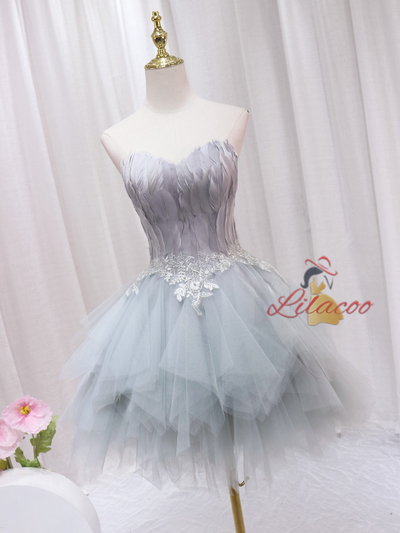 Gray Tulle Feather Appliques Homecoming Dress