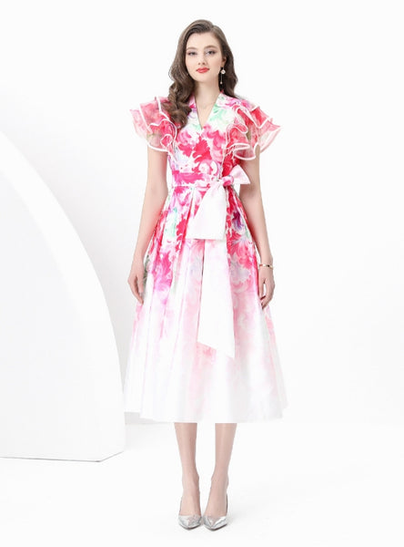 Women V-neck Slim Printed Dress