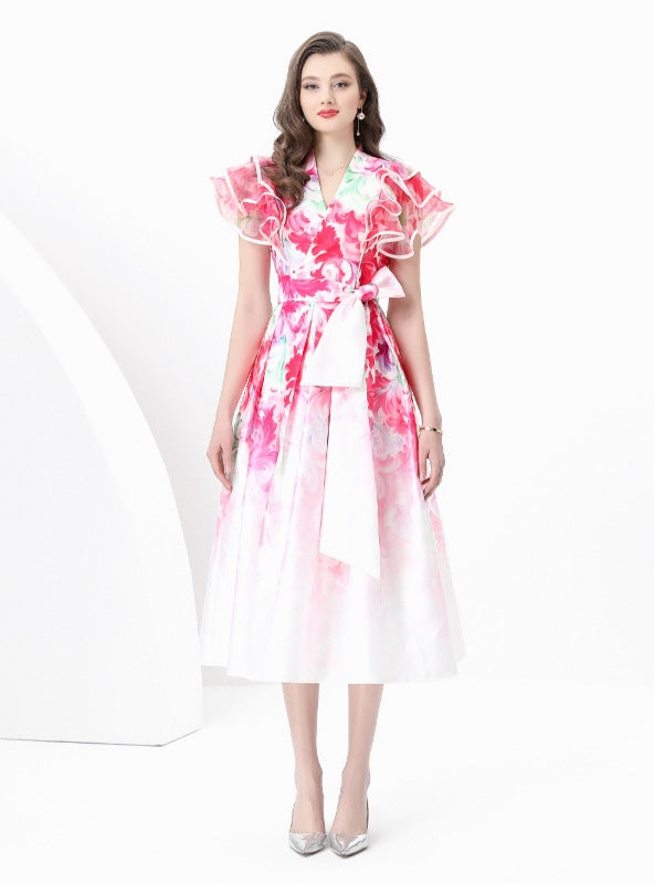 Women V-neck Slim Printed Dress