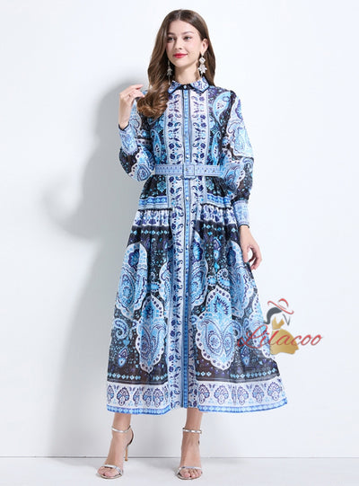 Printed Big Swing Long Sleeve Holiday Dress