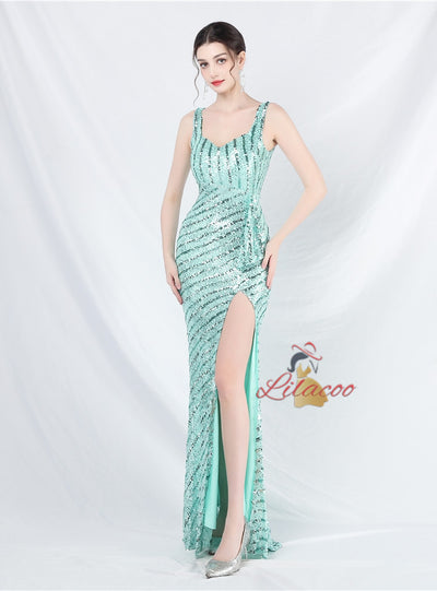 Mermaid Sequins Straps Split Prom Dress
