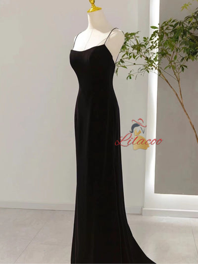 Black Mermaid Velvet Spaghetti Straps Prom Dress
