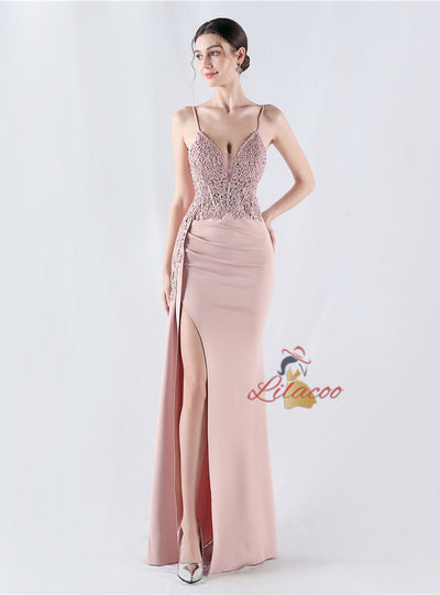 Mermaid Spaghetti Straps Lace Appliques Split Prom Dress