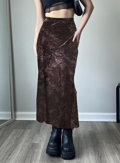 Retro Printed High Waist Slim Velvet Skirt