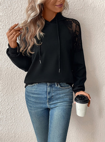 Lace Stitching Top Hooded Drawstring Pullover
