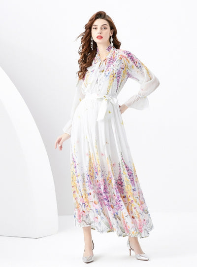 V-neck Wood Ear Ribbon Pleated Printed Dress