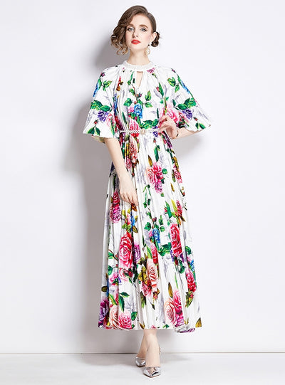 Short-sleeved Beaded Slim Printed Dress