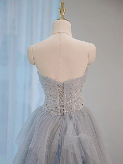 Blue Tulle Sequins Pleats Prom Dress
