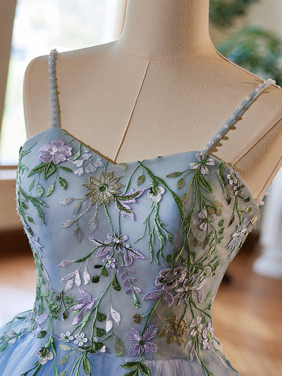 Blue Tulle Spaghetti Straps Appliques Prom Dress