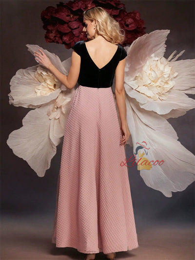 Black Velvet Cap Sleeve Beading Prom Dress