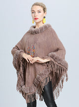 Embroidered Fur Collar Tassel Cloak Shawl